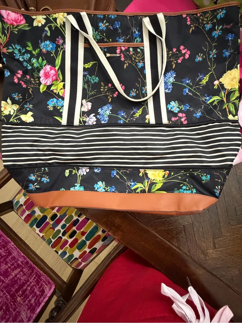 Stella & Dot Black Floral Canvas Tote with Brown Trim